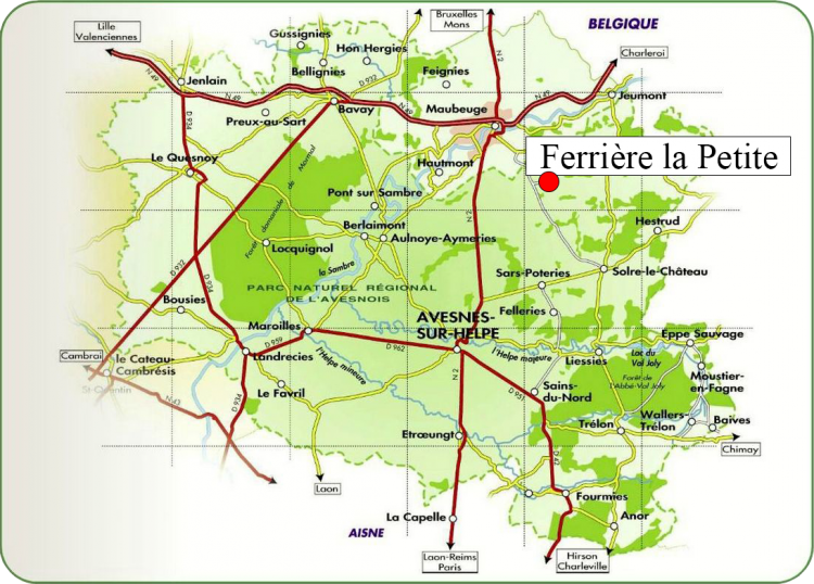 Carte routière situant Ferrière la Petite au sein de l'Avesnois